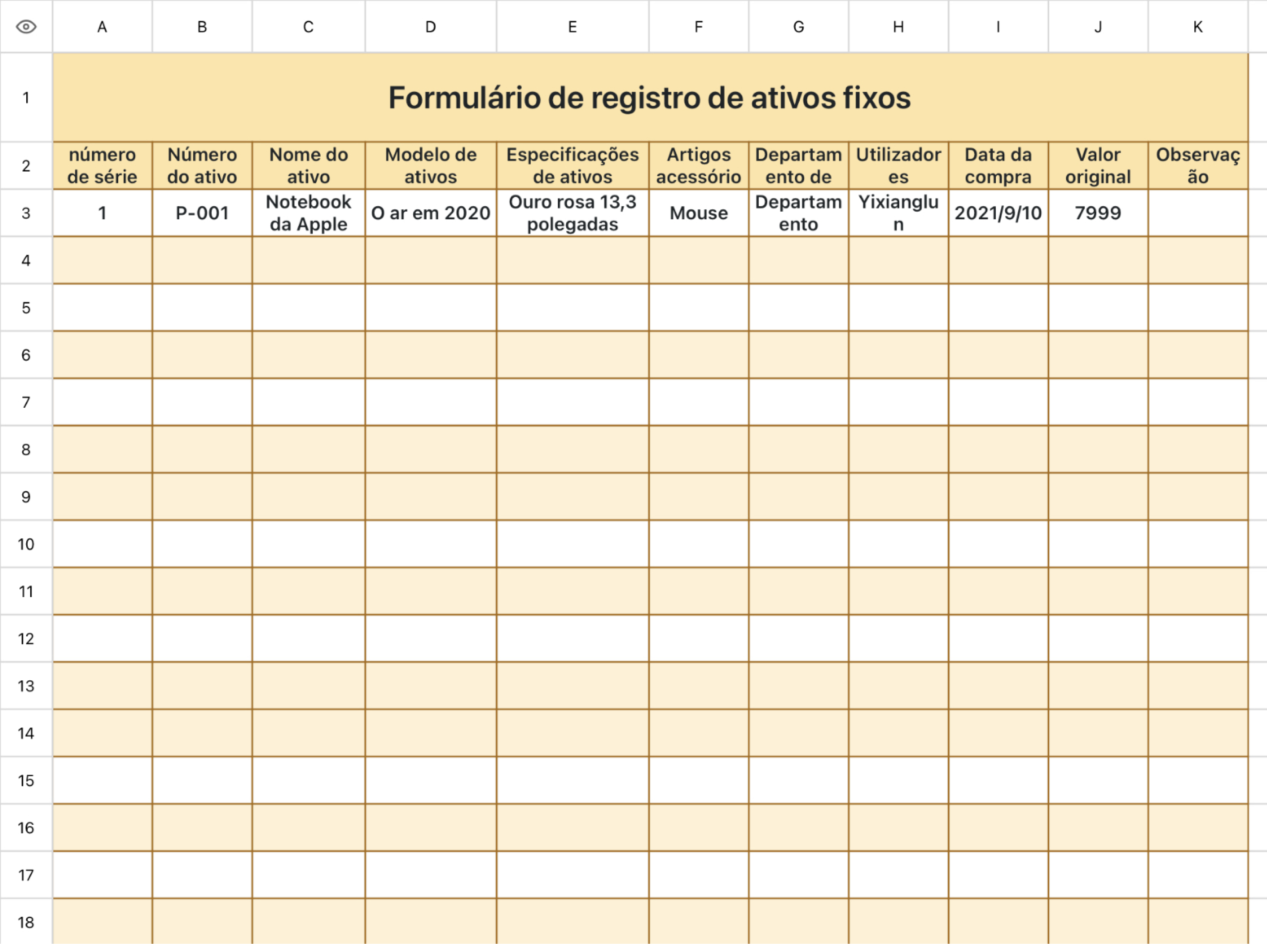 Formulário de registro de ativos fixos